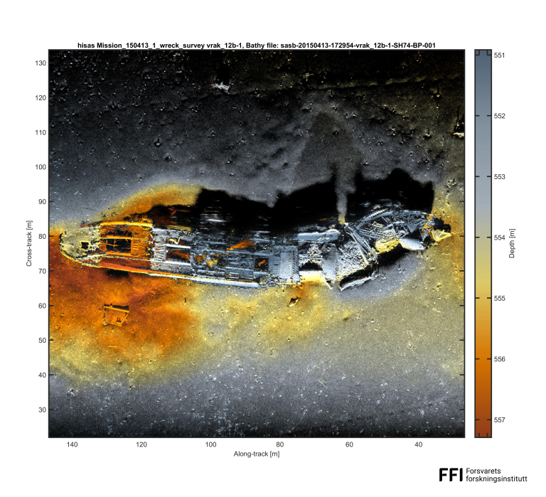 Sonarbilde av et skipsvrak i Skagerrak, med fargekode som viser dybde