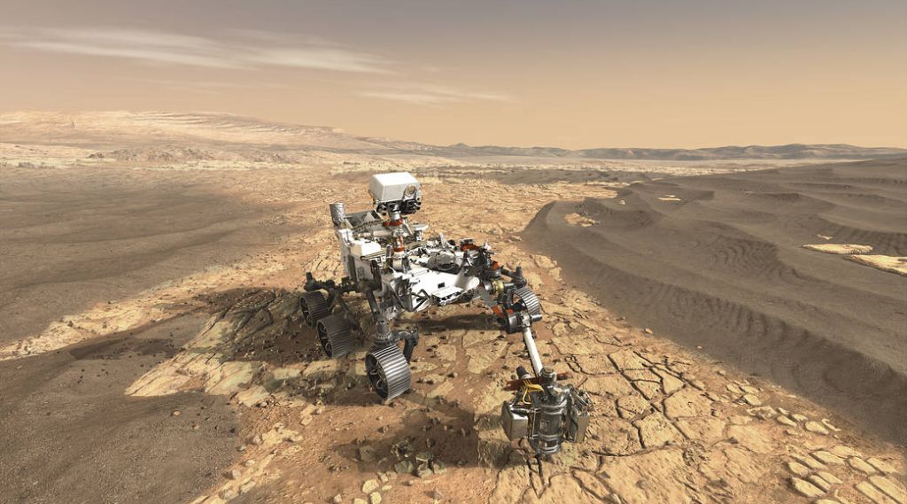 Illustrasjon av Nasas Mars-kjøretøy som samler inn prøver fra overflaten av Mars.