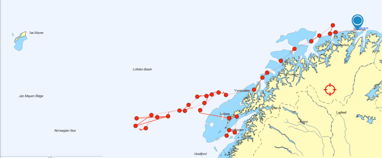 Kart med røde prikker og streker som viser hvor langt en satellittmerket vågehval har beveget seg på en uke. Den har svømt mer enn 1000 nautiske mil.