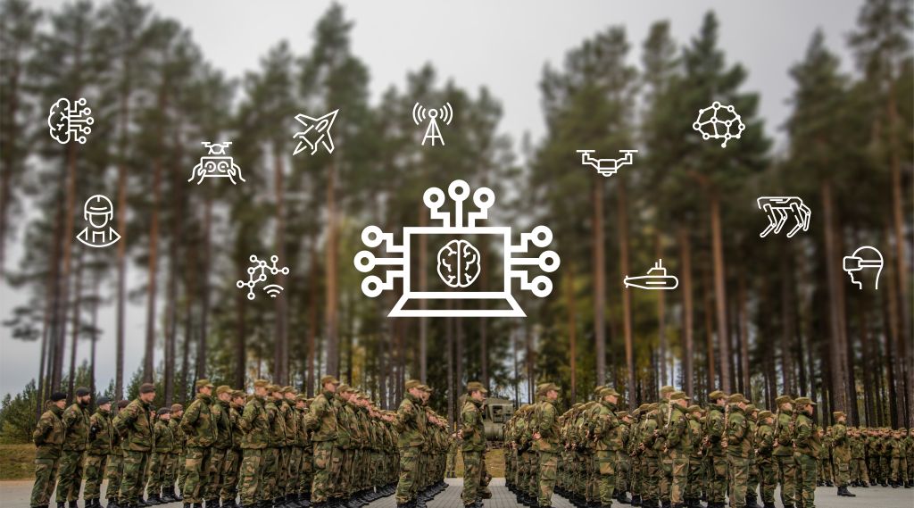 Soldater står på rekke. Over dem er det lagt inn symboler og ikoner som representerer kunstig intelligens