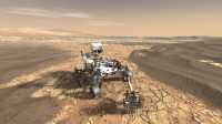 Illustrasjon av Mars-kjøretøyet Perseverance som tar prøver av overflaten på Mars.