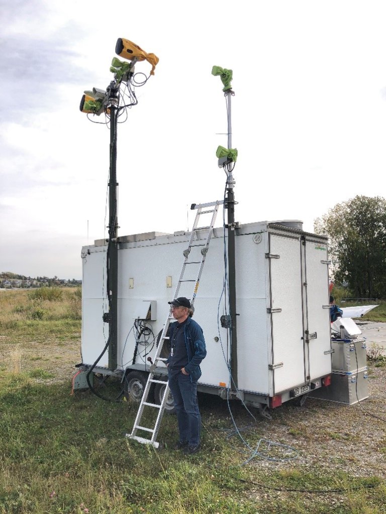 Ekko II brukes til tesing og forsknning på radar. Her er Ekko II ffra tesing av redningshelikopterets radar ved flystripa på Kjeller høsten 2020. I forkant forsker Svein Kristoffersen.