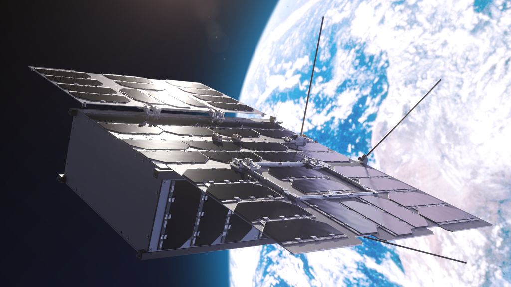 grafisk fremstilling av nanosatellitt foran jordkloden