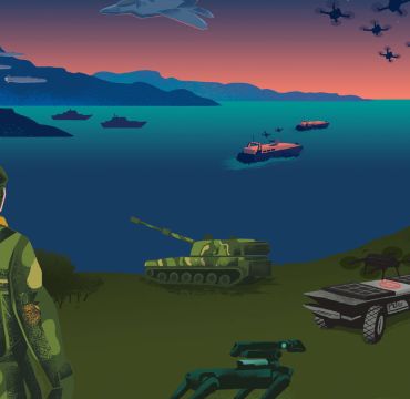 Soldat ser ut over norsk landskap. Fregatter, missiler, droner, ubåd, tanks og annet forsvarsmateriell er synlig i landskapet. Illustrasjon.