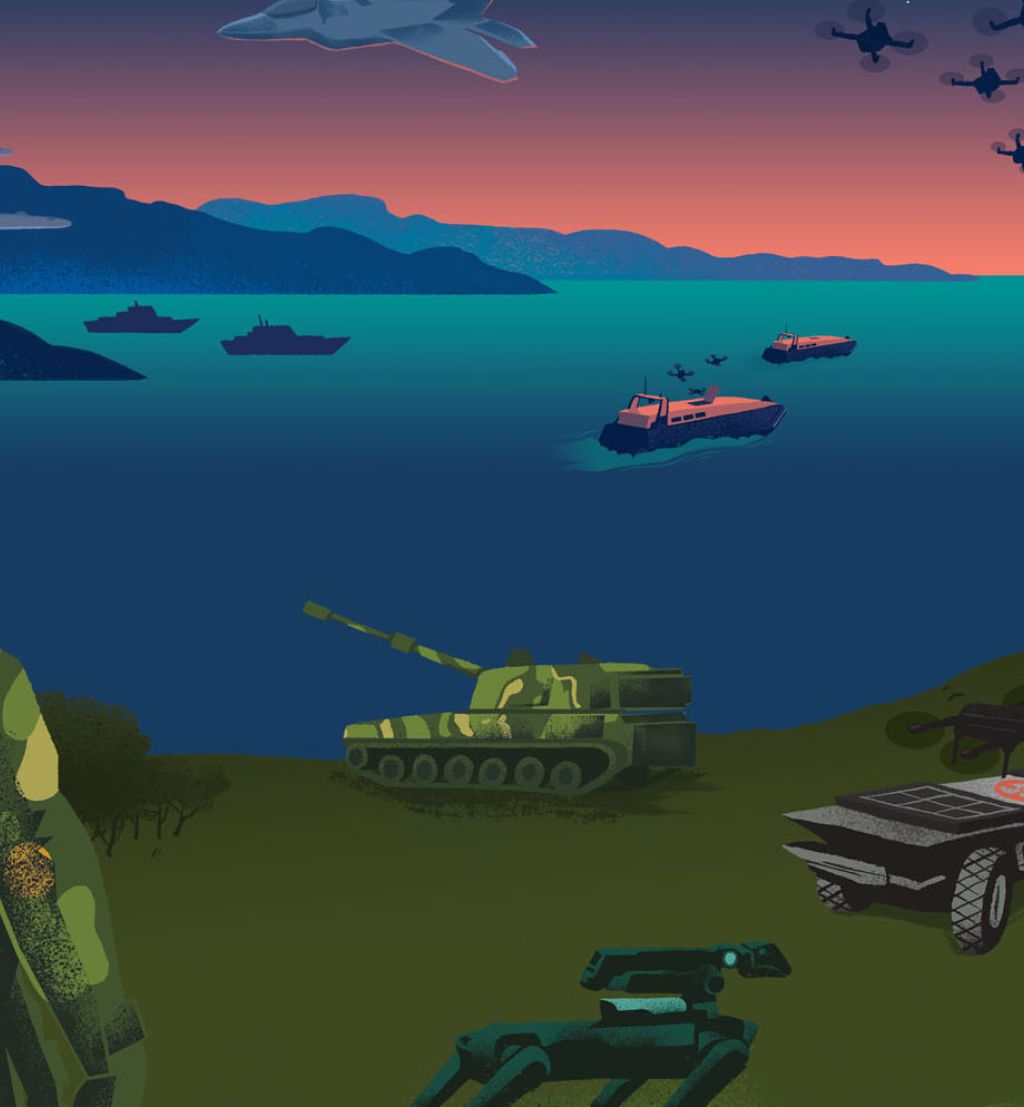 Soldat ser ut over norsk landskap. Fregatter, missiler, droner, ubåd, tanks og annet forsvarsmateriell er synlig i landskapet. Illustrasjon.