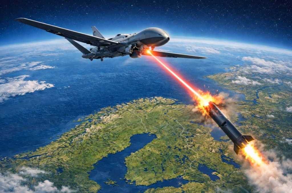 En stor drone skyter ned en rakett med laser. 