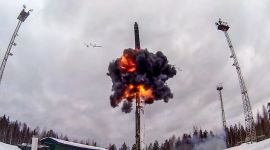 This handout video grab released by the Russian Defence Ministry on February 19, 2022, shows a Yars intercontinental ballistic missile launching during a training launch as part of the Grom-2022 Strategic Deterrence Force exercise at an undefined location in Russia. - Russia on February 19 successfully test-fired its latest hypersonic ballistic missiles, cruise missiles, and nuclear-capable ballistic missiles as part of 