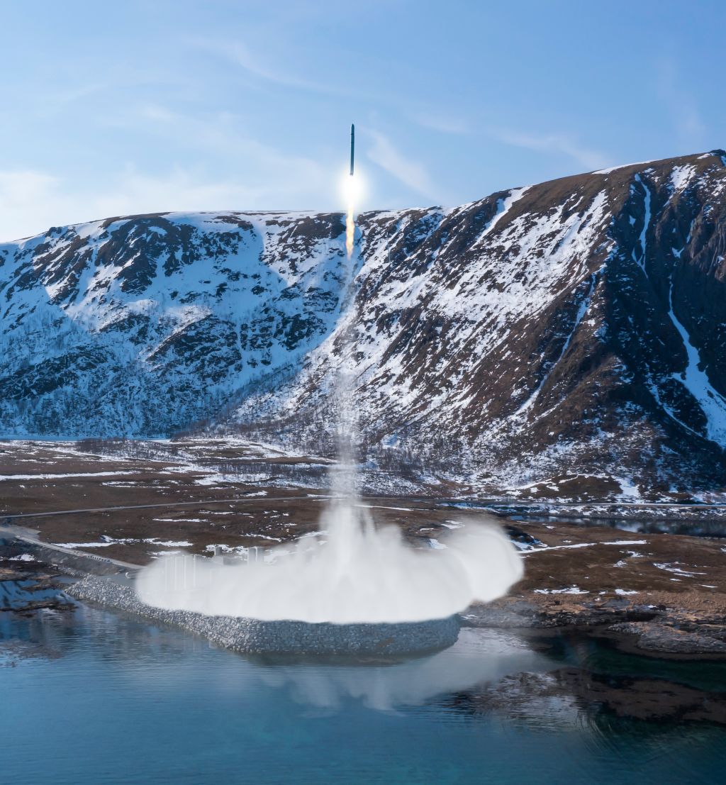 Illustrasjon av satellitt som skytes opp fra Andøya