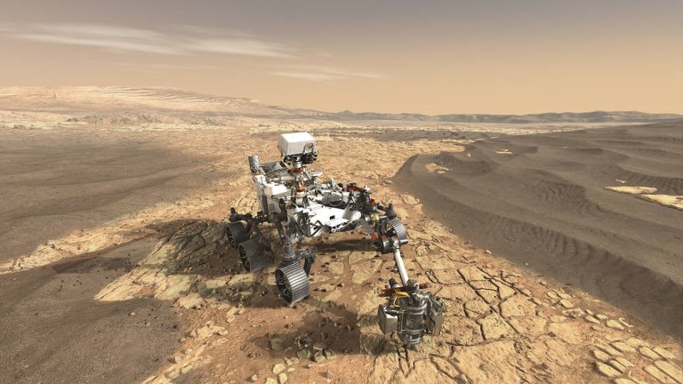 Slik ser en illustratør for seg roveren i aksjon på Mars. Illustrasjon: Nasa/JPL