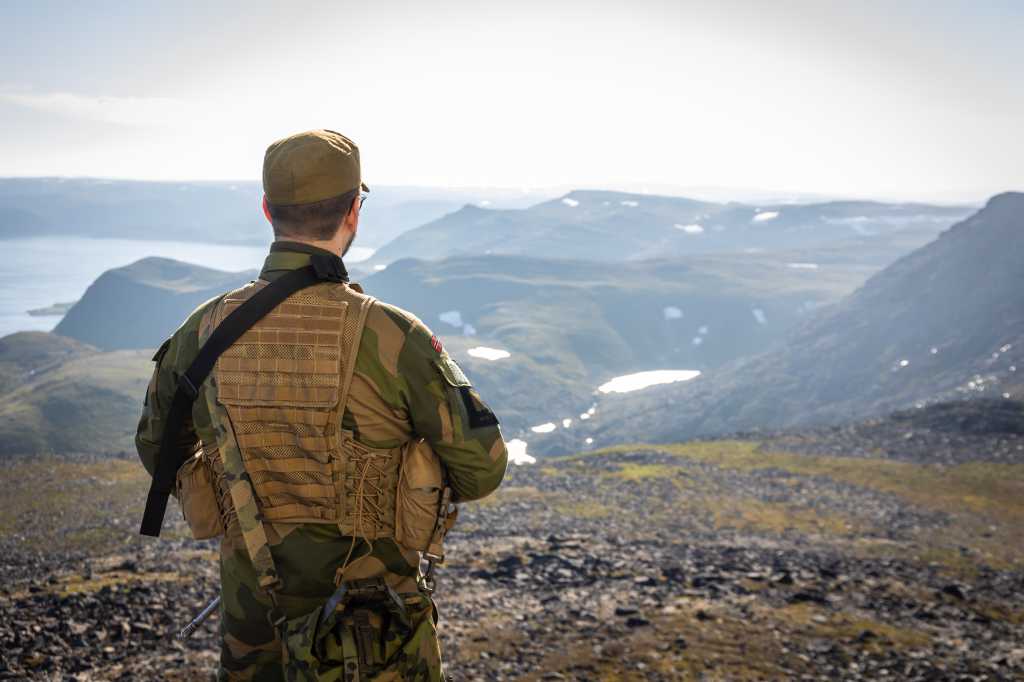 Soldat med ryggen til kamera. Utsikt. Sol. Nordnorsk fjord og fjellandskap med lyng og snøflekker. 