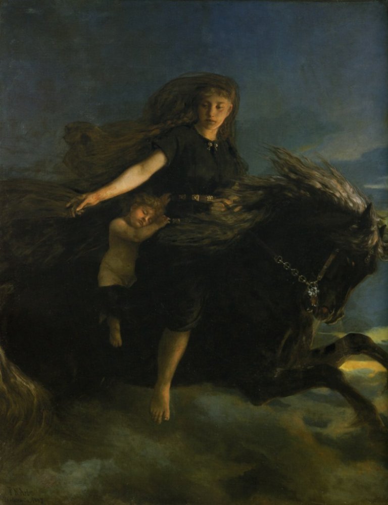 Hesten Rimfakse ris av Natt, personifiseringen av døgnets mørke timer. Hun er en gygre som er datter av jotnen Norve. Slik så maleren Peter Nicolai Arbo for seg de to. Bildet er malt i 1887. Foto: Nasjonalgalleriet/Wikimedia Commons