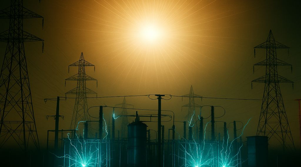 AI generert bilde av en atombombe som eksploderer i verdensrommet. I forgrunnen ser vi en trafostasjon og høydpsentledeninger, der det gnistrer på grunn av overbelasntning.