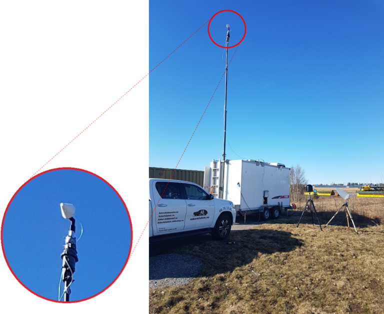 Antenneinstallasjon i ei ti meter høg mast nytta under forsøka på Rygge. (Foto: FFI)