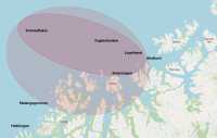 Kart over nor troms og havområdene utenfor. Testområdene er markert med sirkler.