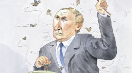 Tegning av en misfornøyd Putin som har fått droner i krigssuppa. Han slår etter droner med fluesmekker.