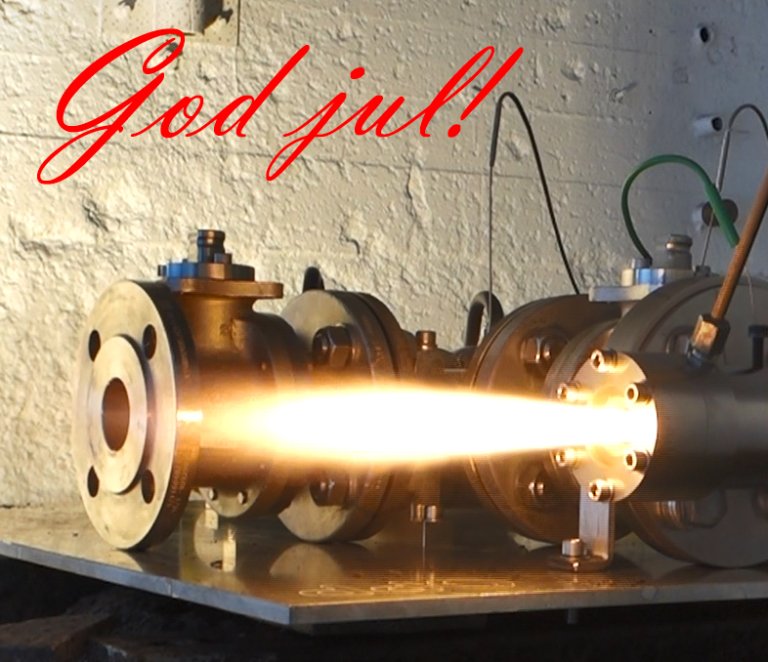 Julekort med bilde av en testfyring med ramjet-motor.