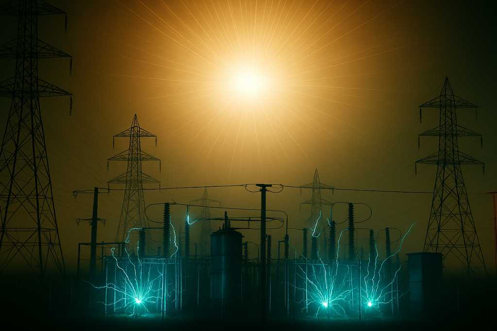 AI generert bilde av en atombombe som eksploderer i verdensrommet. I forgrunnen ser vi en trafostasjon og høydpsentledeninger, der det gnistrer på grunn av overbelasntning.