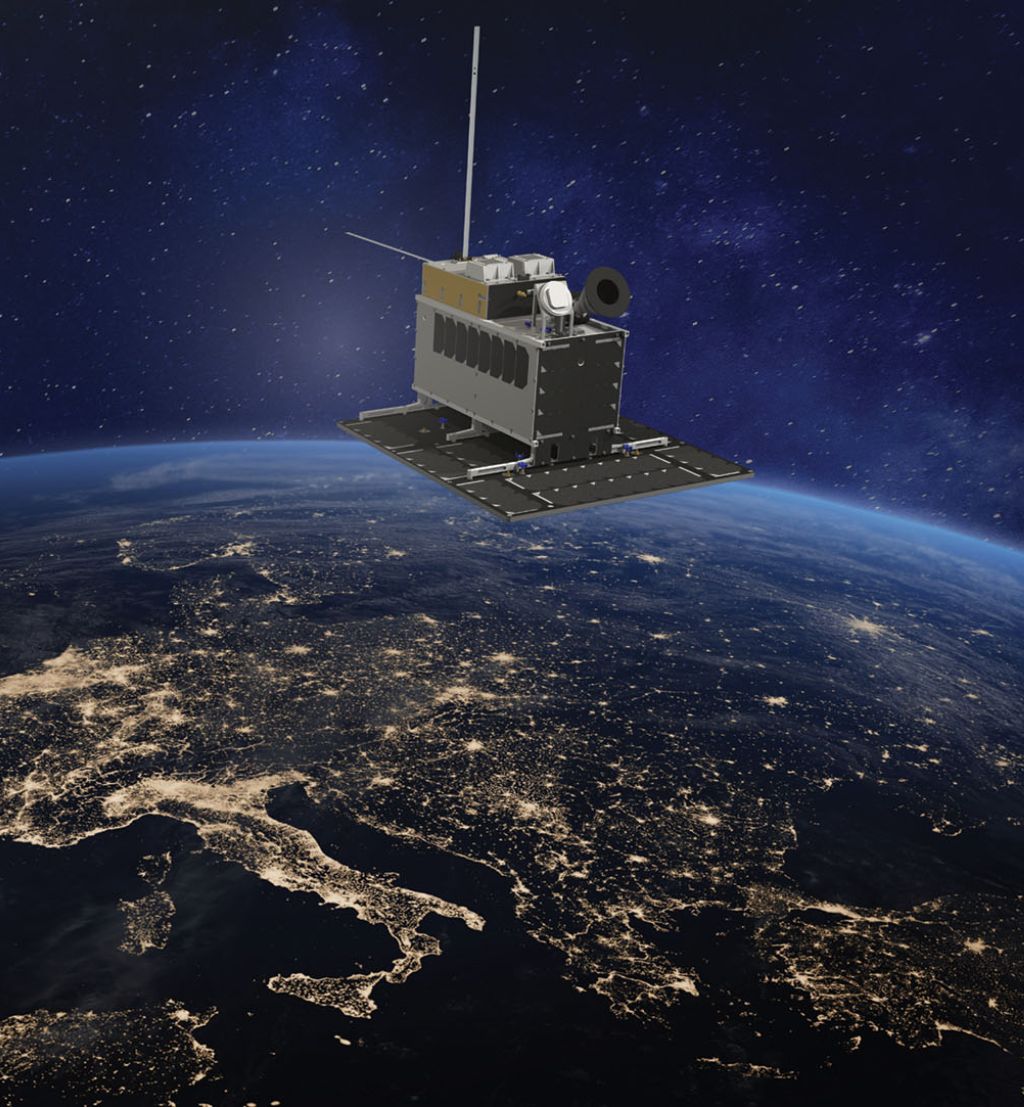 The satellite NorSat-3 in orbit over the earth