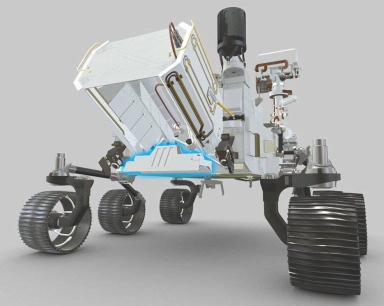 Highlighted in blue in this visualization, the RIMFAX instrument's antenna is externally mounted underneath the MMRTG (the rover’s nuclear battery) on the back of Perseverance.