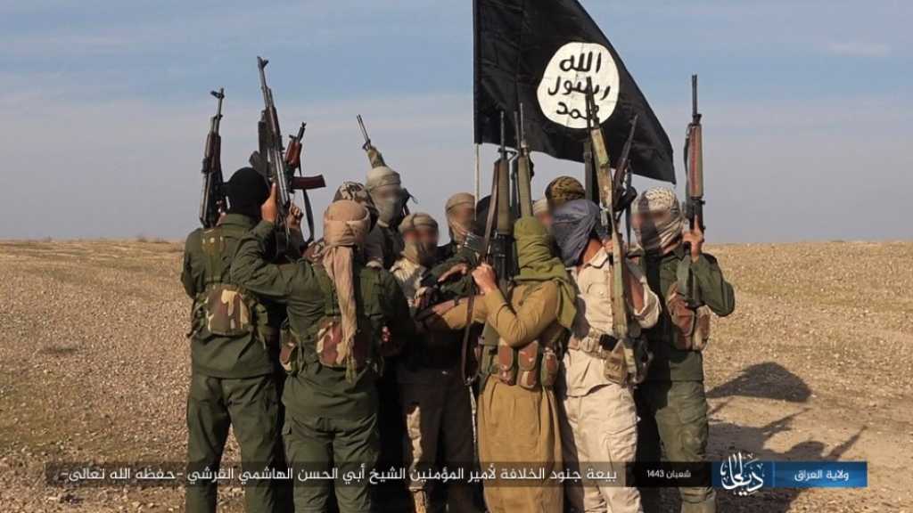 A group of IS soldiers with weapon and an IS flag.