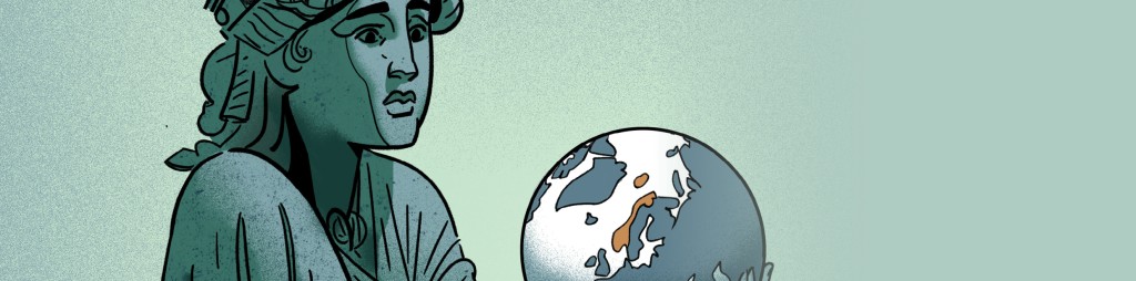 Illustrasjon av frihetsgudinnen som ser bekymret på en klode der Norge er uthevet.