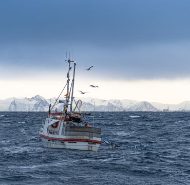 Bilde av fiskeskøyte på havet et sted i Nord Norge. Snødekte fjell i bakgrunnen.