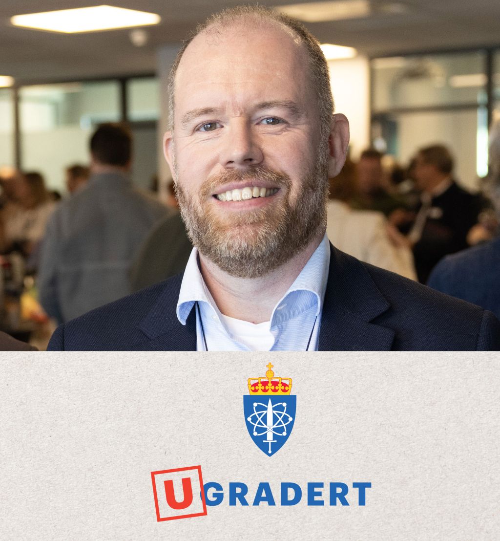Logo til Ugradert med portrett av forsker over.