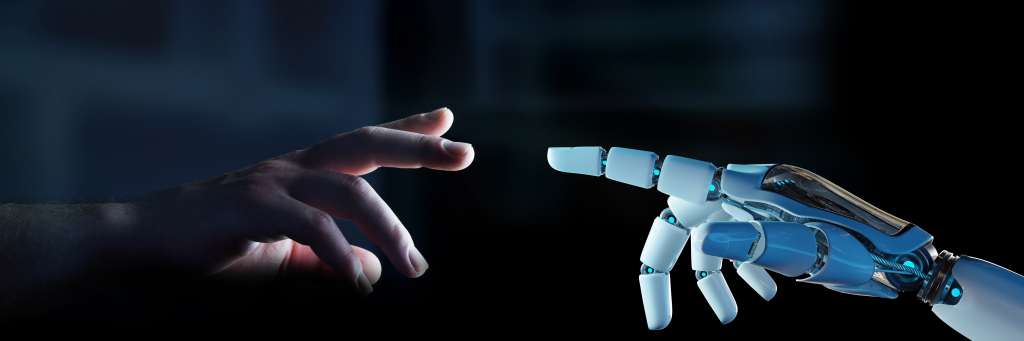 Menneskehånd peker mot robothånd. Illustrasjon
