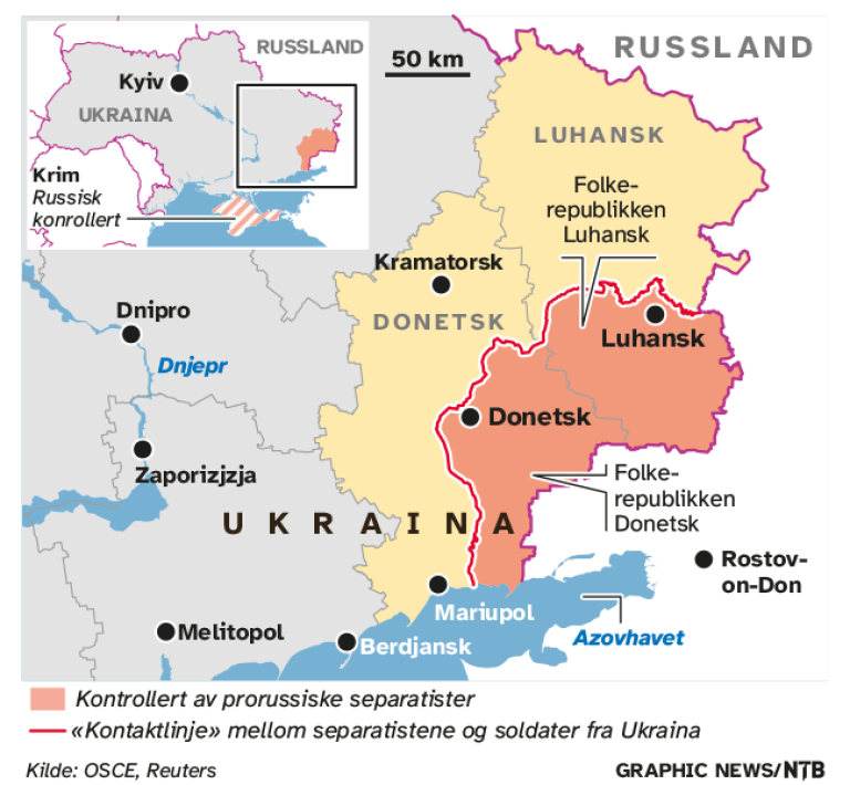 Kart over Ukraina som synliggjør områdene Donetsk og Luhansk. 