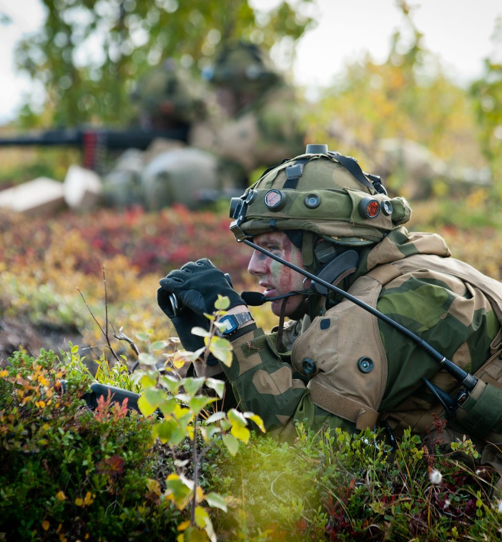 soldat i kamuflasje ligger i norsk lyng og speider med kikkert