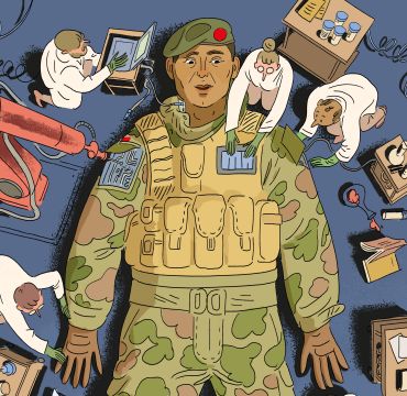 En tegning av en soldat som ligger på ryggen mens forskere gjør justeringer på utrustningen