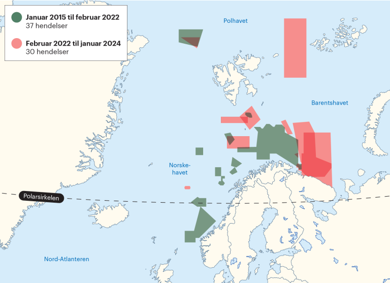 Kart som viser russiske NOTAM-områder (Notice to Airmen) i Norskehavet og Barentshavet før og etter 24. februar 2022. Etter Russlands fullskalainvasjon av Ukraina er det ikke registrert en eneste russisk NOTAM-hendelse sør for polarsirkelen.