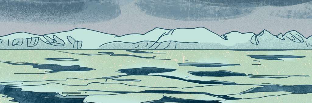 Hav med isflak og isfjell i det fjerne. Tegnet illustrasjon i grønntoner