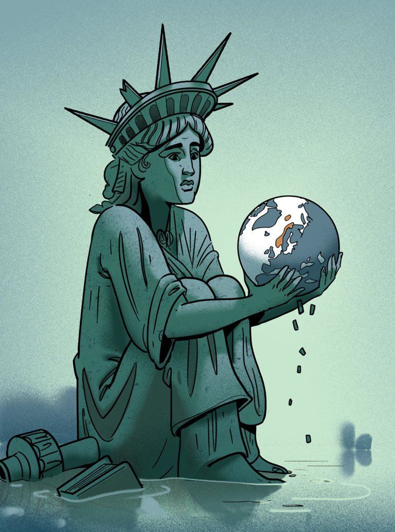 Tegnet illustrasjon. Frihetsgudinnen holder jordkloden i hendene