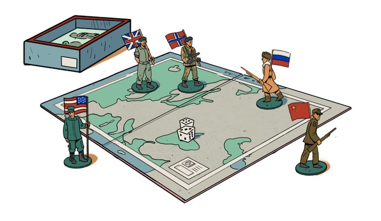 Tegnet illustrasjon av krigsspill i form av brettspill med deltakere fra ulike land