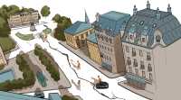 Tegnet illustrasjon av Karl Johans gate og slottet hvor det er en stor sprekk midt i gata
